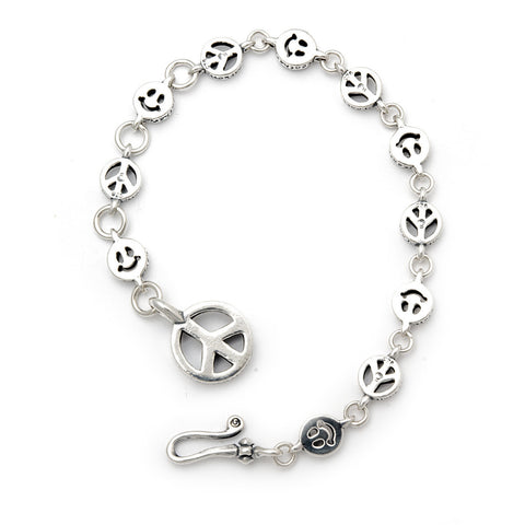 Alternating Small Happy Face and Peace Sign Links with Peace Fob Bracelet