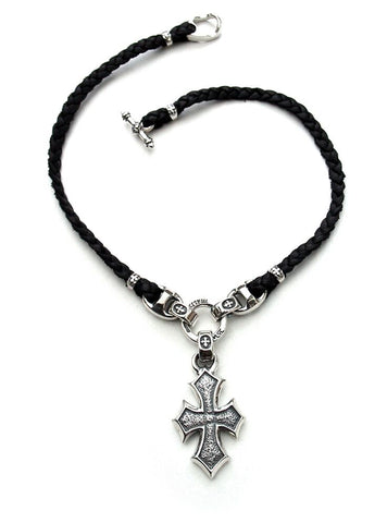 Musician's Necklace-Leather Braid with "C" Cross Crimps and Medallion