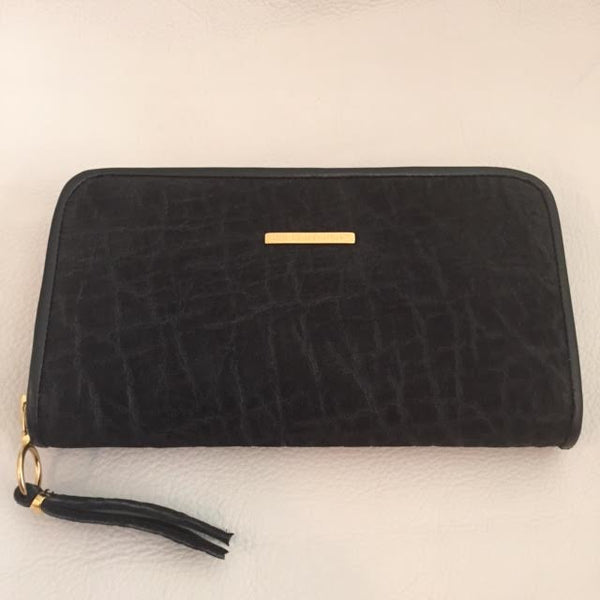 Large Zipper Wallet in Dark Black Elephant Suede Leather - Bill Wall  Leather Inc.