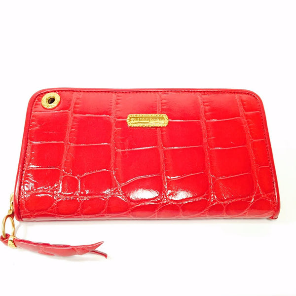 Large Zipper Wallet in Red Shiny Crocodile Leather - Bill Wall