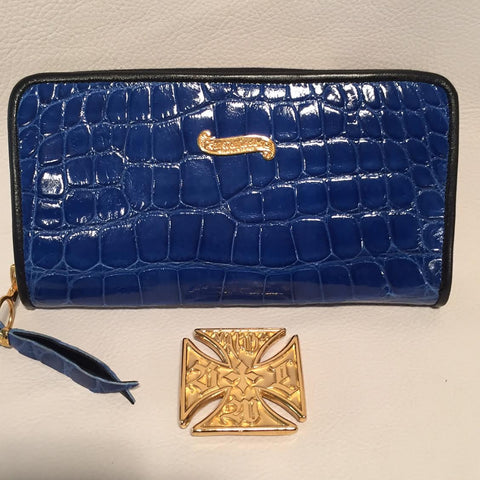 Large Zipper Wallet in Cobalt Blue Crocodile Leather