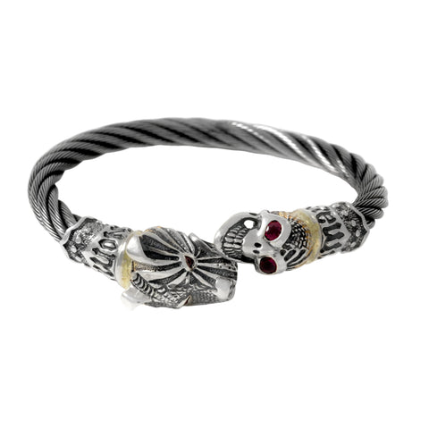 Engraved Dog and Skull Cable Bangle Bracelet