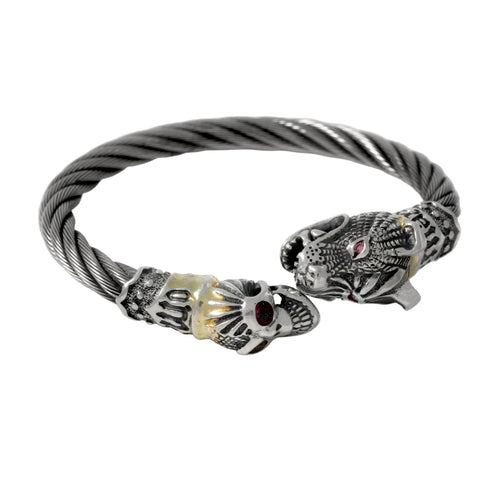 Engraved Dog and Skull Cable Bangle Bracelet