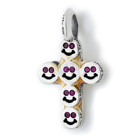 Happy Face Cross Pendant with 18k(y) Gold Overlay and Natural Rubies