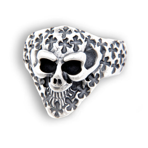 Graffiti Small Good Luck Skull Ring with Cross Stamps