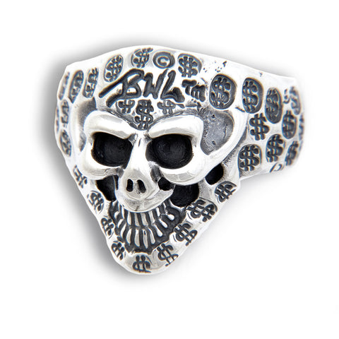 Graffiti Small Good Luck Skull Ring with $ Stamps