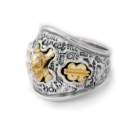 Graffiti Dome Ring with "SKULL & CROSSBONES" Top "HEART & $" Tag