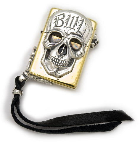 Brass Lighter with BWL Skull and Leather Corner