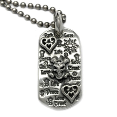 Graffiti Dog Tag with 2 Hearts, Skull, Crossbones and Ball Chain