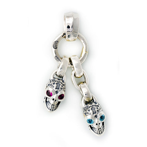 Double Graffiti Skull Clacker Pendant with Rhodolite and Blue Topaz Eyes "Natural"