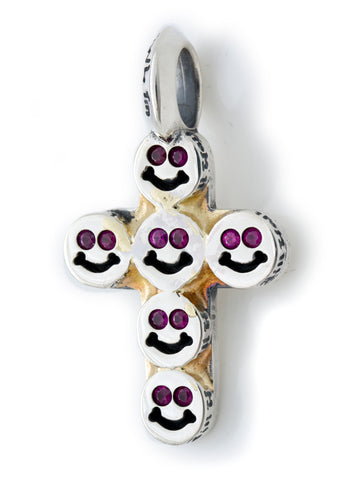 Happy Face Cross Pendant with 18k(y) Gold Overlay and Natural Rubies