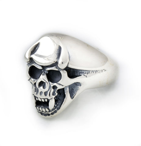 Helmet Skull Ring with Horns and Fangs