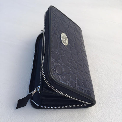 Large Zipper Wallet in Matte Dark Navy Crocodile Leather