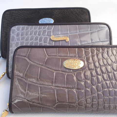 Large Zipper Wallet in Dark Tan Crocodile Leather