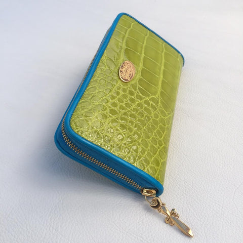 Large Zipper Wallet in Bright Lime Green Crocodile Leather
