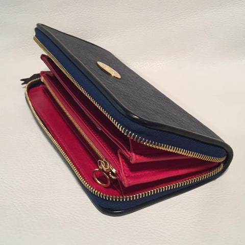 Large Zipper Wallet in Dark Navy Blue Shark Leather