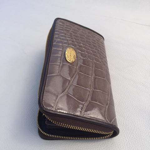 Large Zipper Wallet in Dark Tan Crocodile Leather