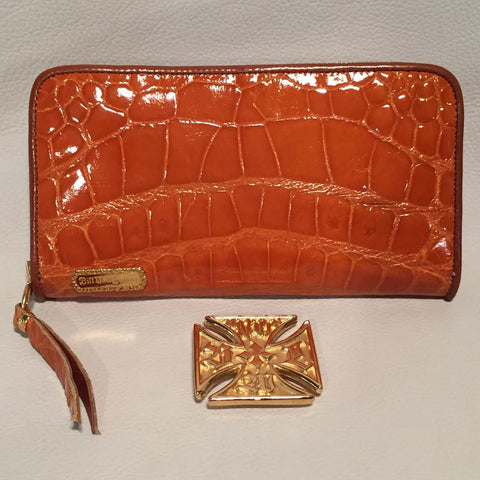 Large Zipper Wallet in Orange Crocodile Leather
