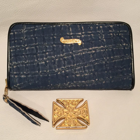 Large Zipper Wallet in Denim Blue Elephant Leather