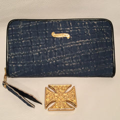 Large Zipper Wallet in Denim Blue Elephant Leather - Bill Wall