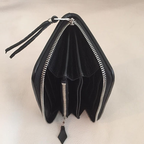 Large Zipper Wallet in Dark Black Elephant Suede Leather