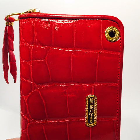 Large Zipper Wallet in Red Shiny Crocodile Leather