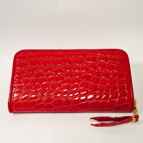 Large Zipper Wallet in Red Shiny Crocodile Leather