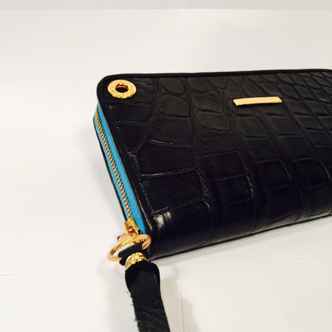 Large Zipper Wallet in Matte Black Crocodile Leather