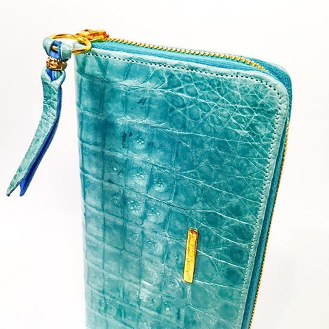 Large Zipper Wallet in Blue/Green Cayman Leather