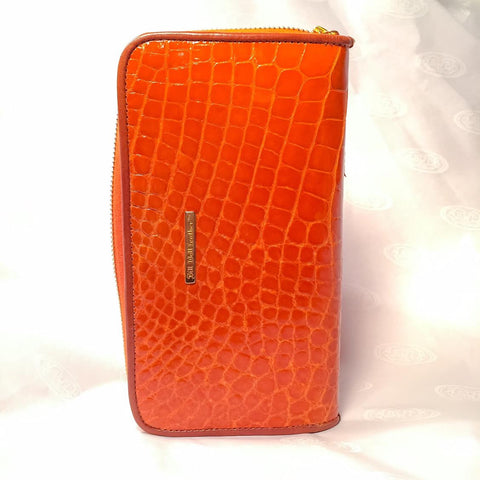 Large Zipper Wallet in Bright Orange Crocodile Leather
