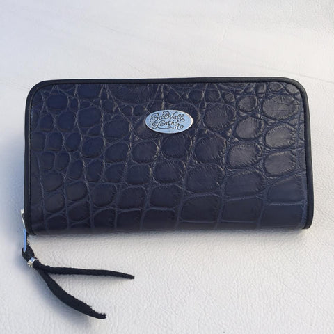 Large Zipper Wallet in Matte Dark Navy Crocodile Leather