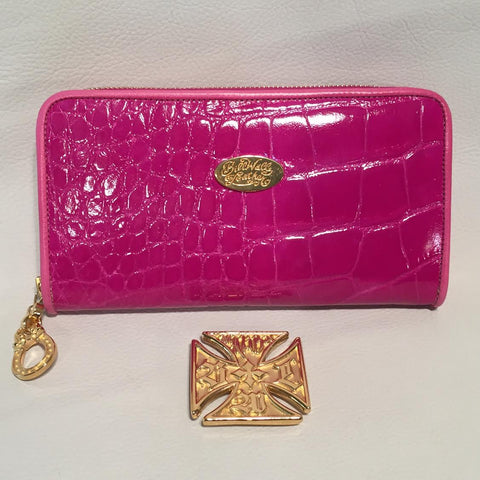 Large Zipper Wallet in Fuchsia Pink Crocodile Leather