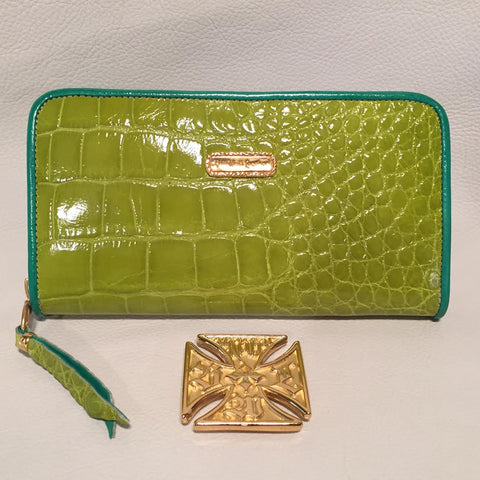 Large Zipper Wallet in Lime Green Crocodile Leather